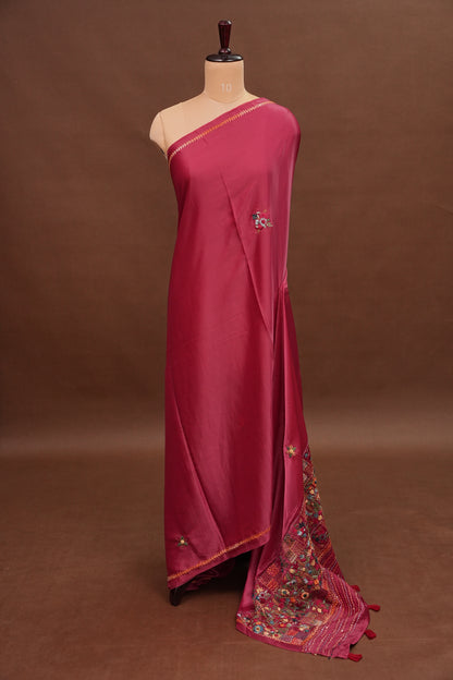 Rose Pink-Crepe silk saree with French knot work
