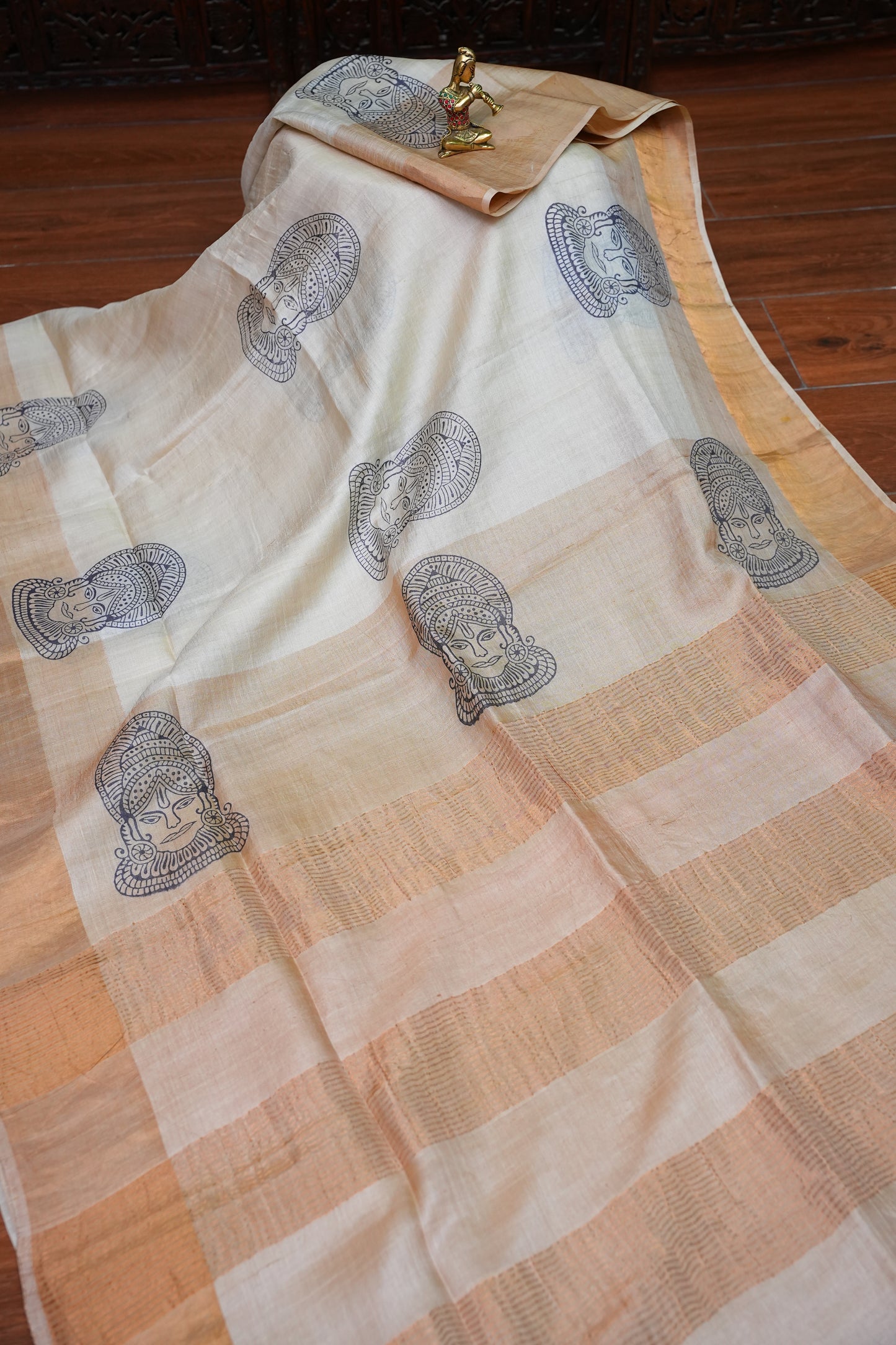 Pure Tussar Silk Saree with Traditional Block Prints – Natural Beige | Silk Mark Certified