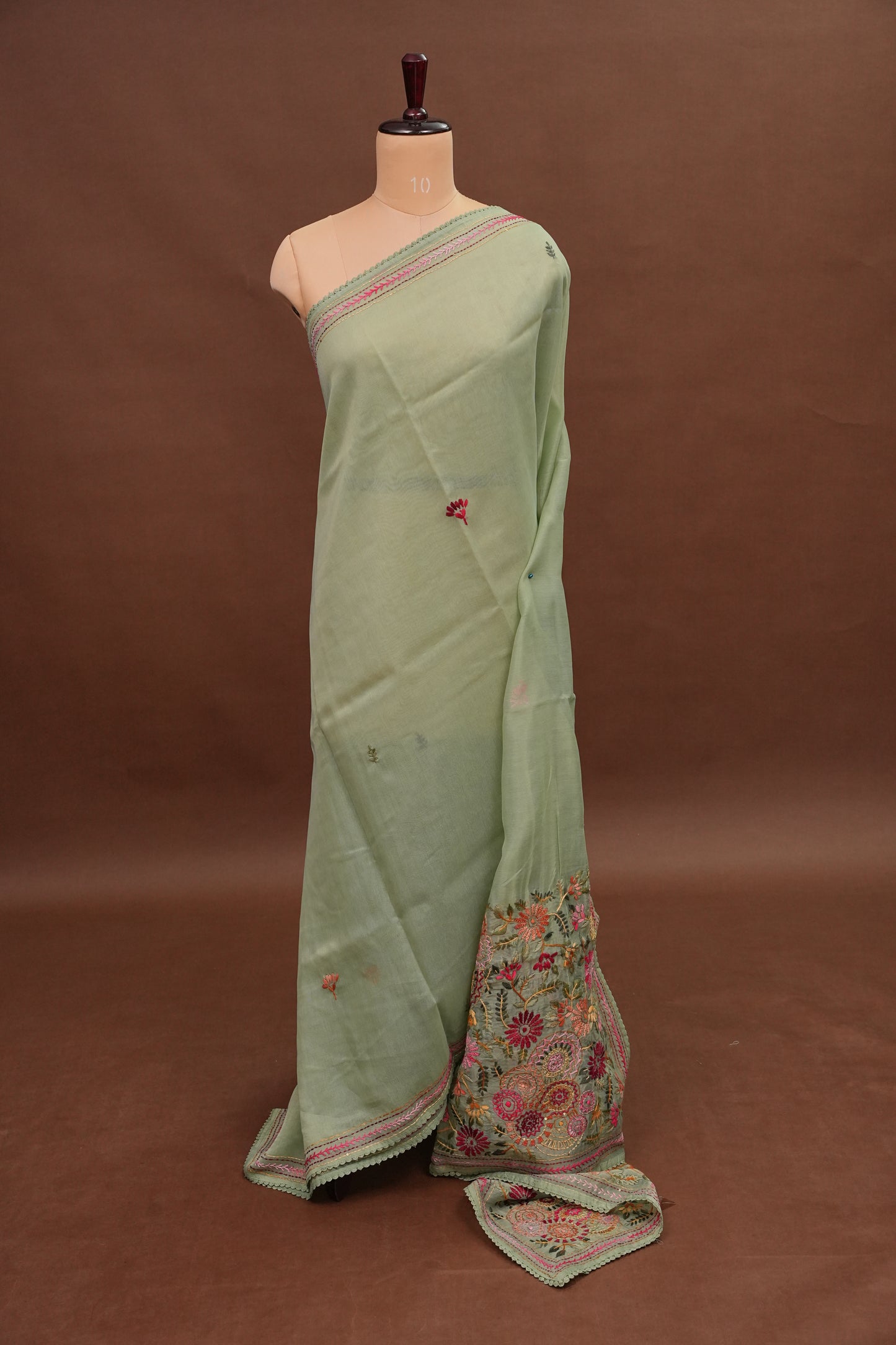Embroidered Jute Linen Saree - Sage Green