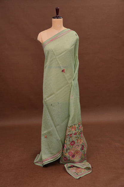Embroidered Jute Linen Saree - Sage Green