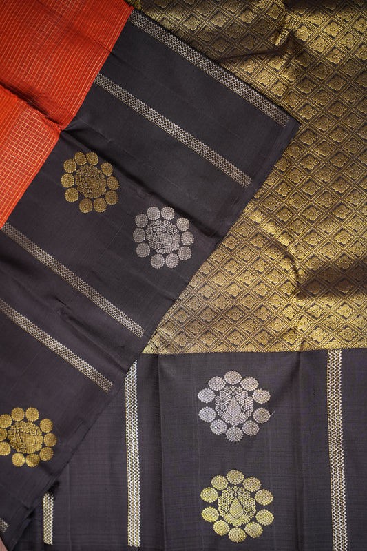 Pure Kanchivaram Silk Saree - Rust Orange with Black