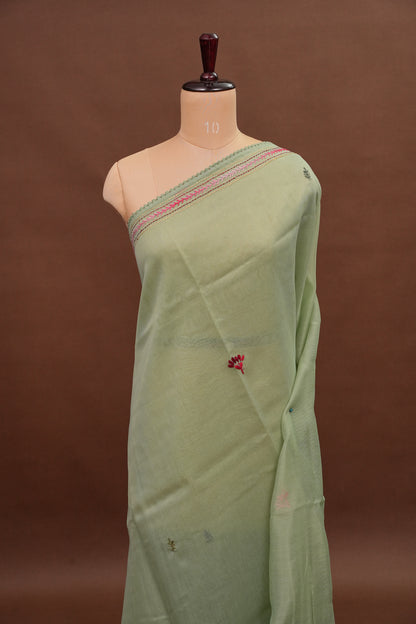 Embroidered Jute Linen Saree - Sage Green