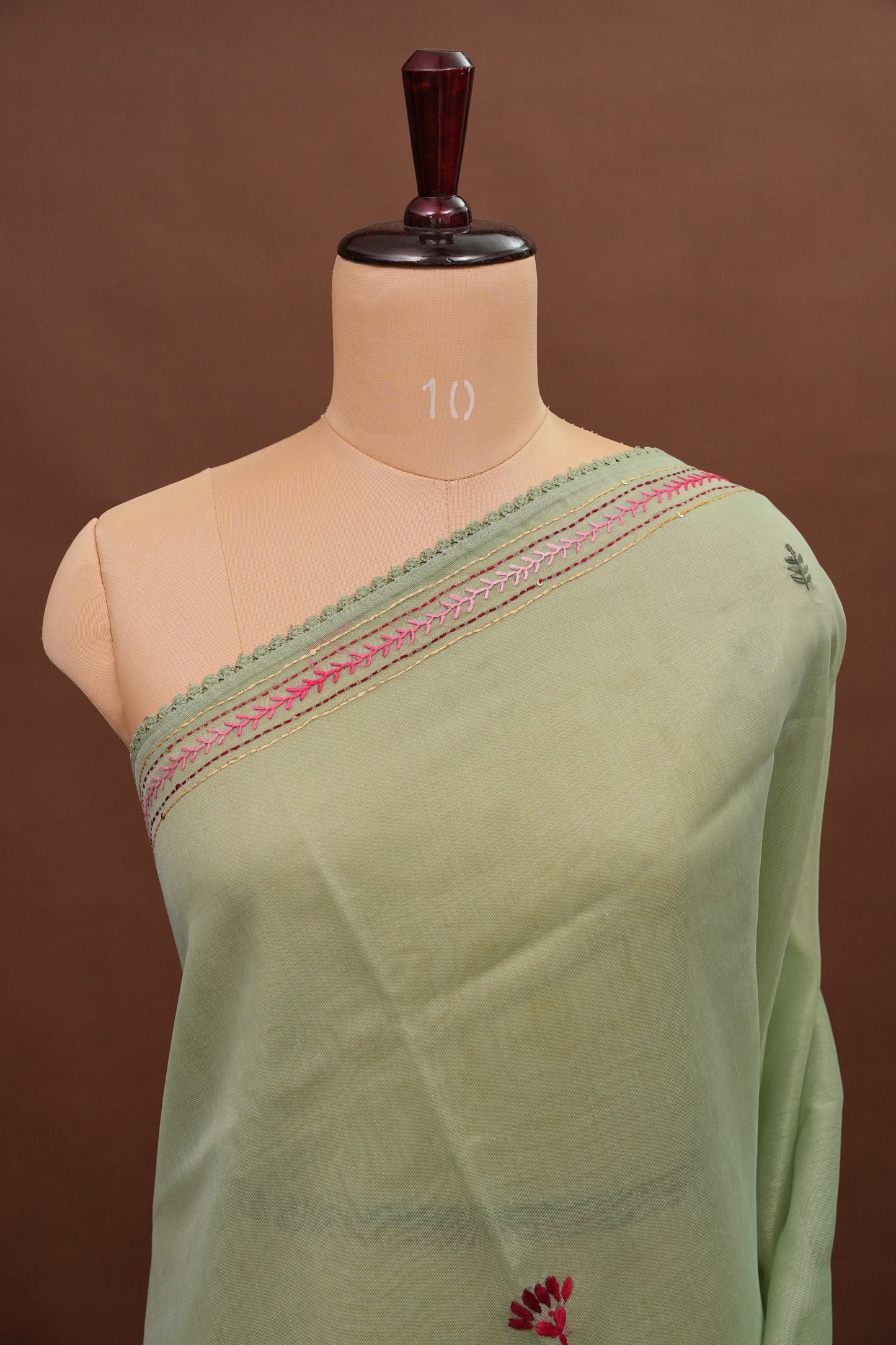 Embroidered Jute Linen Saree - Sage Green
