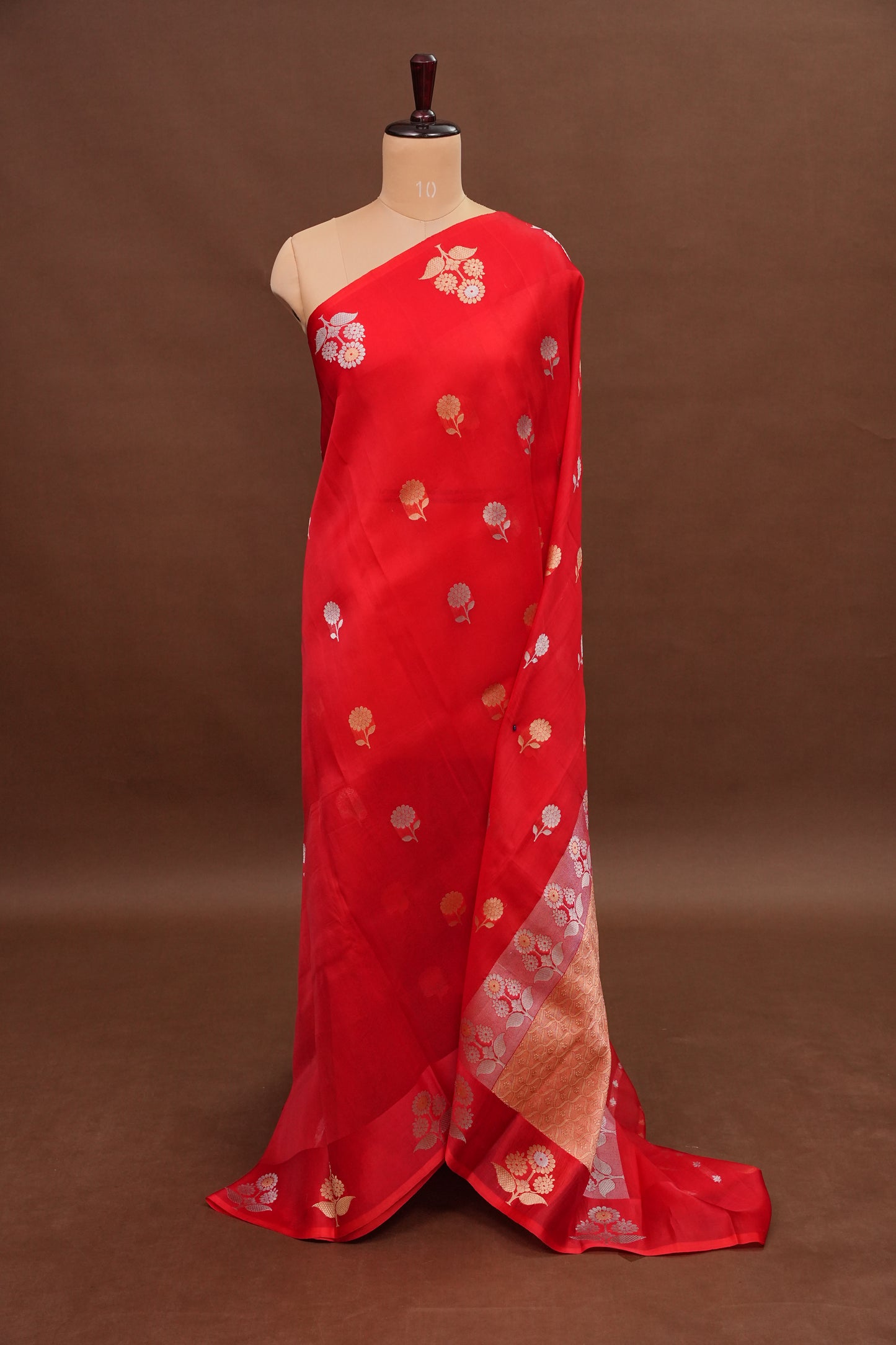 Pure Banarasi Organza(Kora) Silk Handloom Saree with Gold & Silver Zari Buttas – Vermilion Red | Silk Mark Certified