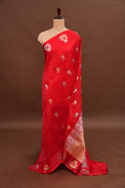Pure Banarasi Organza(Kora) Silk Handloom Saree with Gold & Silver Zari Buttas – Vermilion Red | Silk Mark Certified
