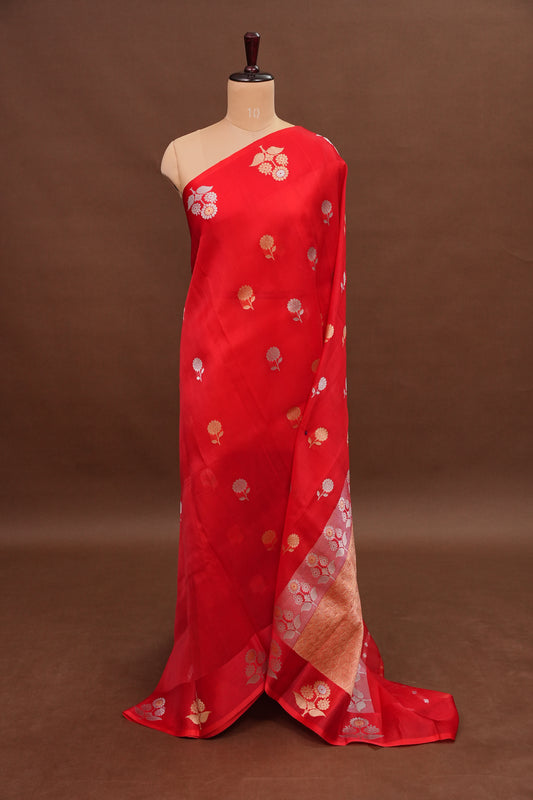 Pure Banarasi Organza(Kora) Silk Handloom Saree with Gold & Silver Zari Buttas – Vermilion Red | Silk Mark Certified