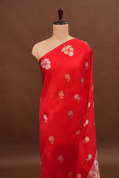 Pure Banarasi Organza(Kora) Silk Handloom Saree with Gold & Silver Zari Buttas – Vermilion Red | Silk Mark Certified