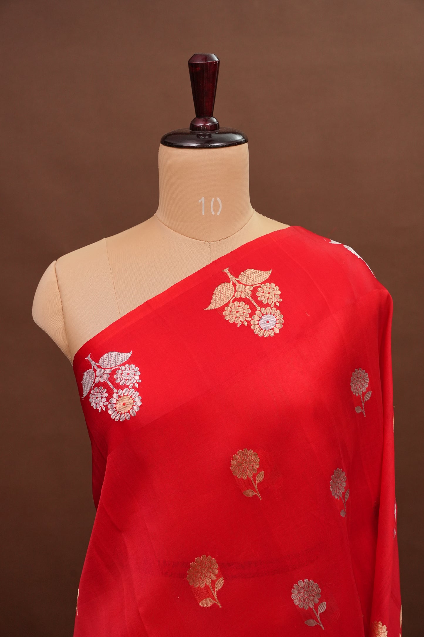 Pure Banarasi Organza(Kora) Silk Handloom Saree with Gold & Silver Zari Buttas – Vermilion Red | Silk Mark Certified