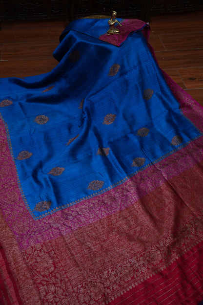 Blue Pure Tussar Banarasi Raw Silk Saree with Pink 3D Contrast Antique Zari Borders|Silk Mark Certified