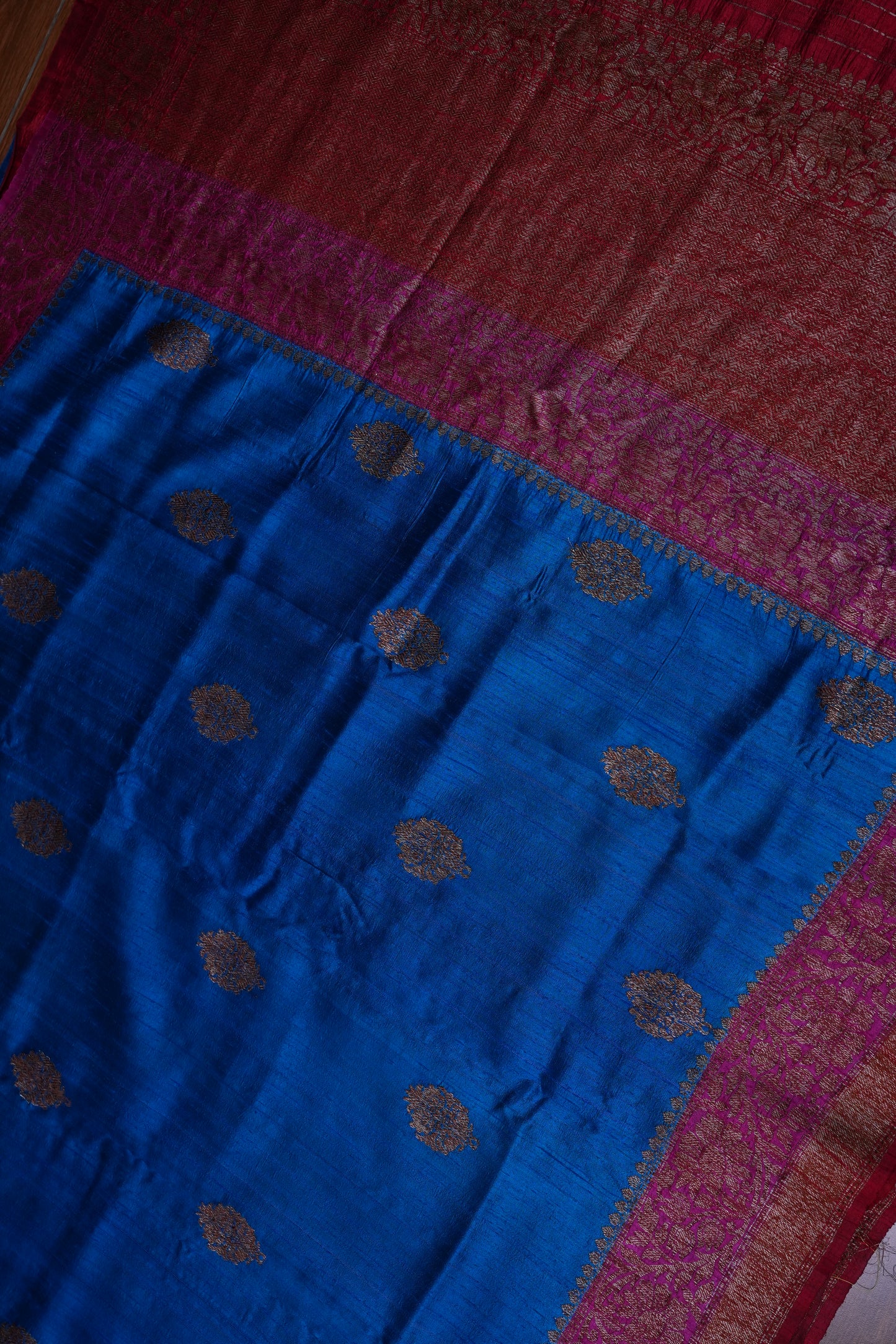 Blue Pure Tussar Banarasi Raw Silk Saree with Pink 3D Contrast Antique Zari Borders|Silk Mark Certified