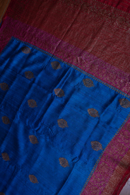 Blue Pure Tussar Banarasi Raw Silk Saree with Pink 3D Contrast Antique Zari Borders|Silk Mark Certified
