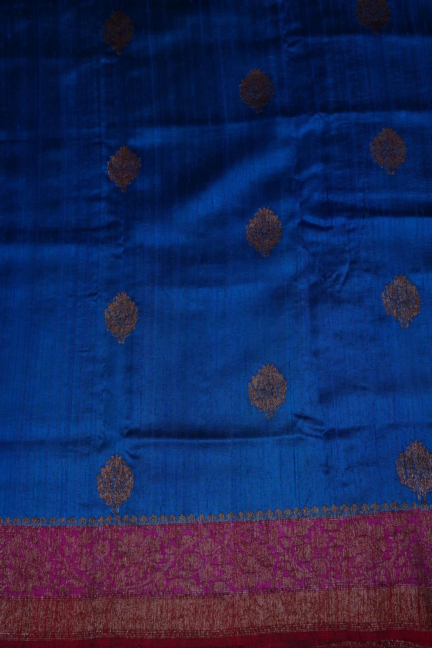 Blue Pure Tussar Banarasi Raw Silk Saree with Pink 3D Contrast Antique Zari Borders|Silk Mark Certified