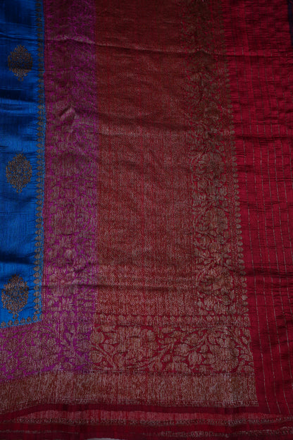 Blue Pure Tussar Banarasi Raw Silk Saree with Pink 3D Contrast Antique Zari Borders|Silk Mark Certified