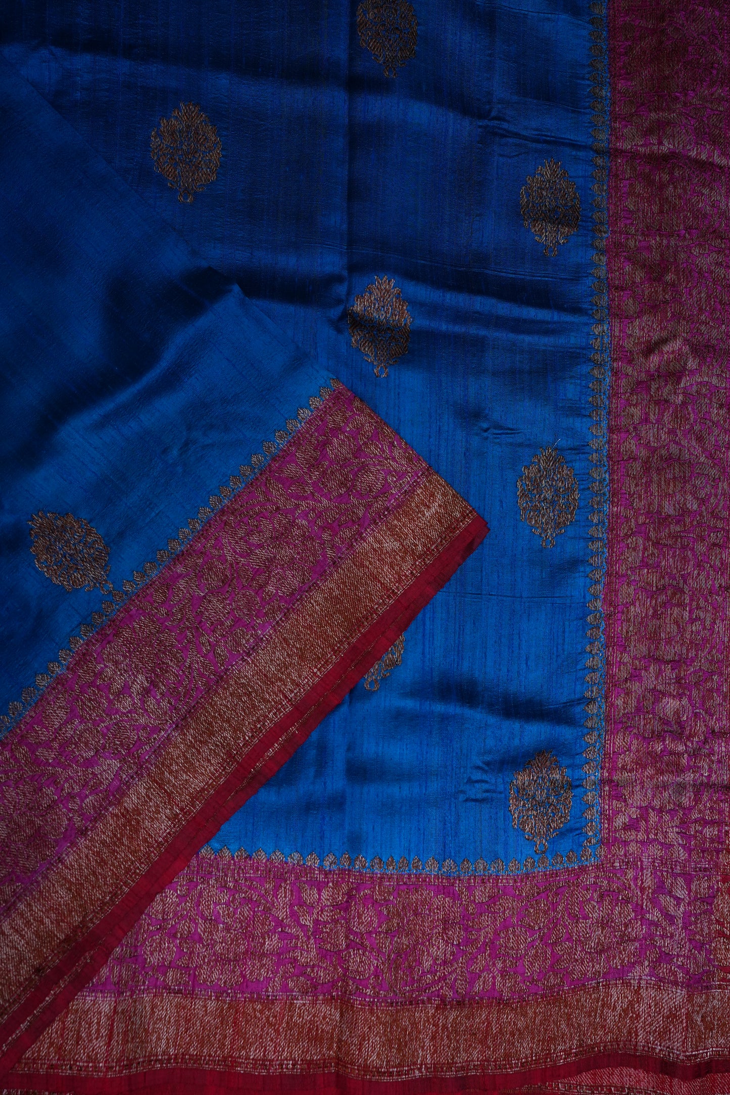 Blue Pure Tussar Banarasi Raw Silk Saree with Pink 3D Contrast Antique Zari Borders|Silk Mark Certified