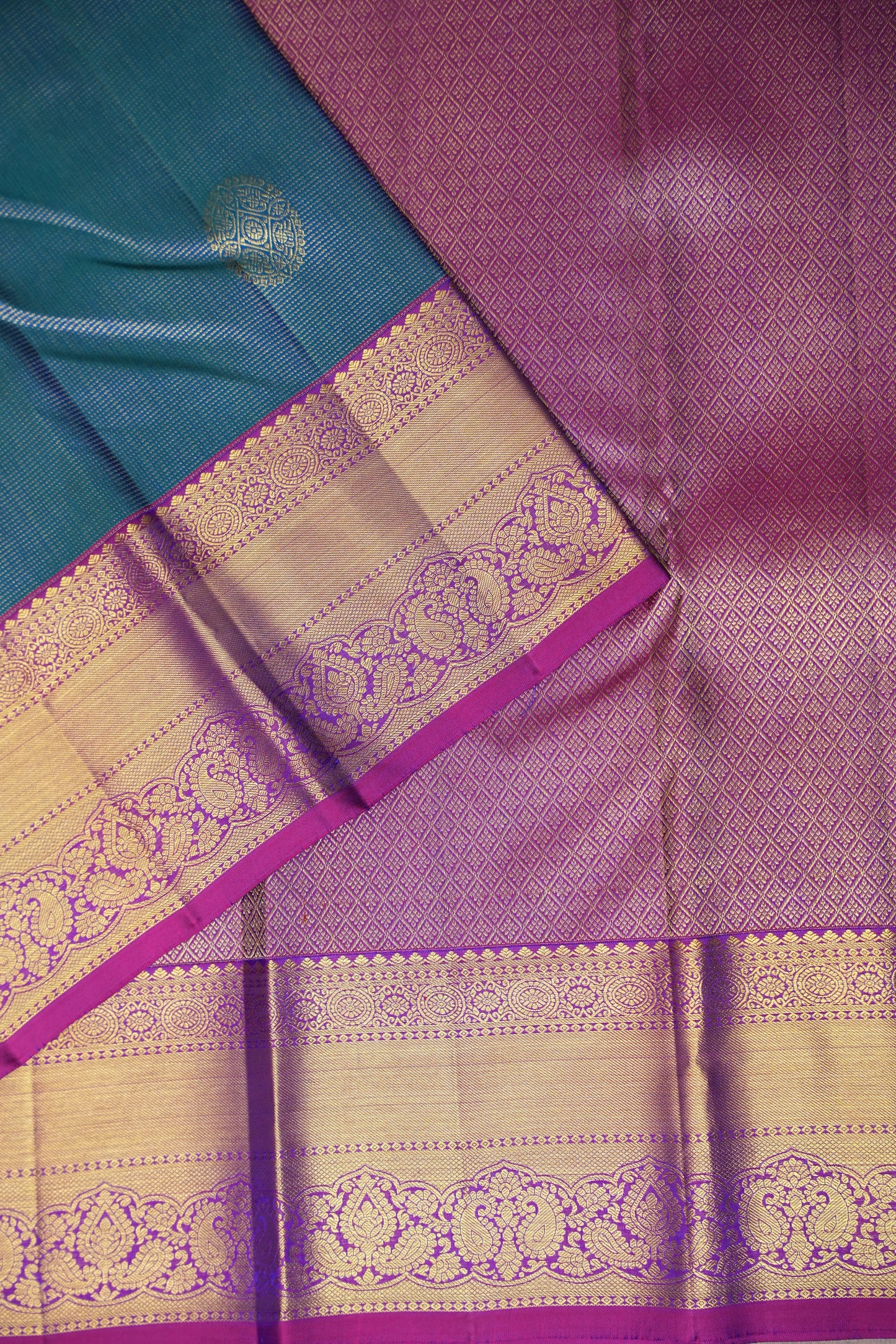 Peacock Blue & Purple Pure Kanchipuram Brocade Silk Saree|Silk Mark Certified