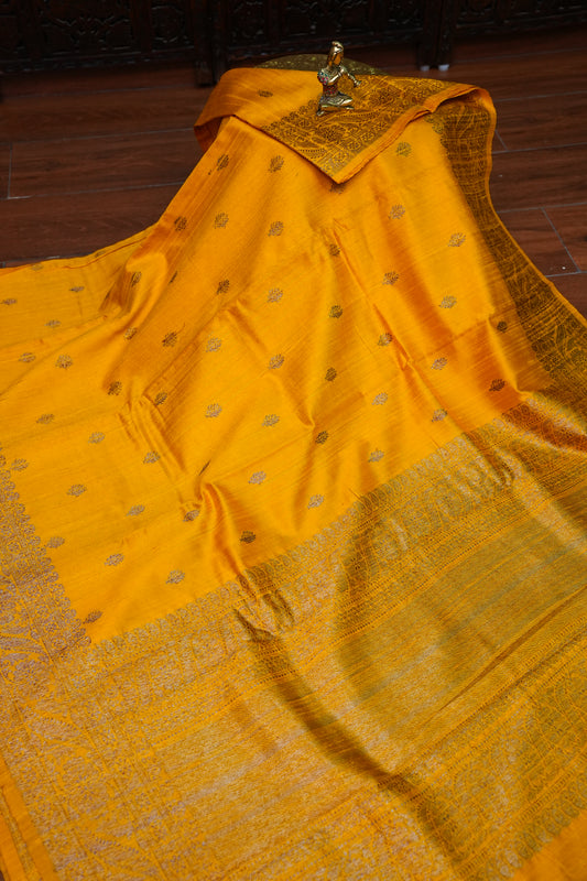 Yellow Pure Tussar Banarasi Raw Silk Saree with Antique Zari Buttas|Silk Mark Certified
