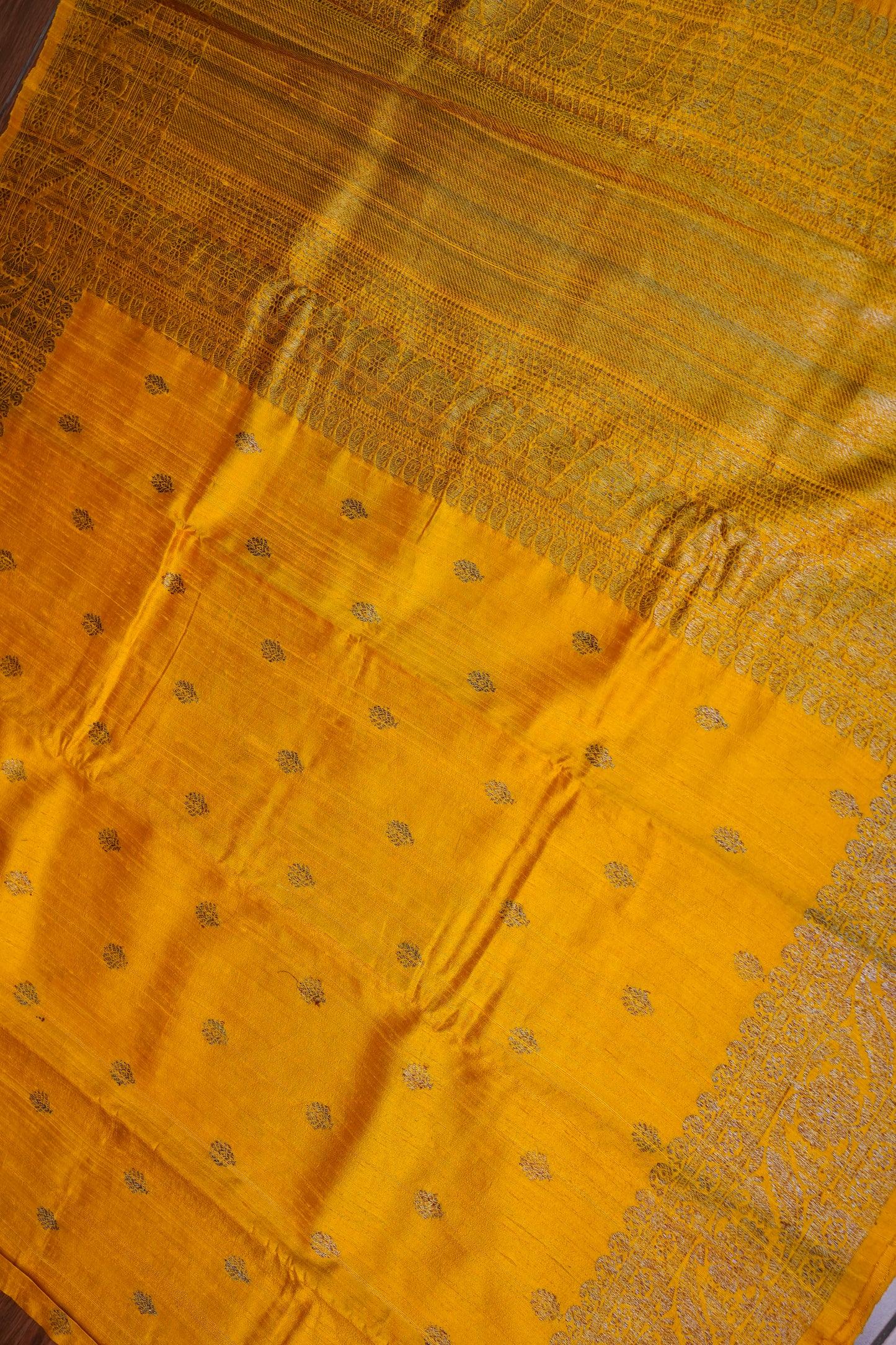 Yellow Pure Tussar Banarasi Raw Silk Saree with Antique Zari Buttas|Silk Mark Certified