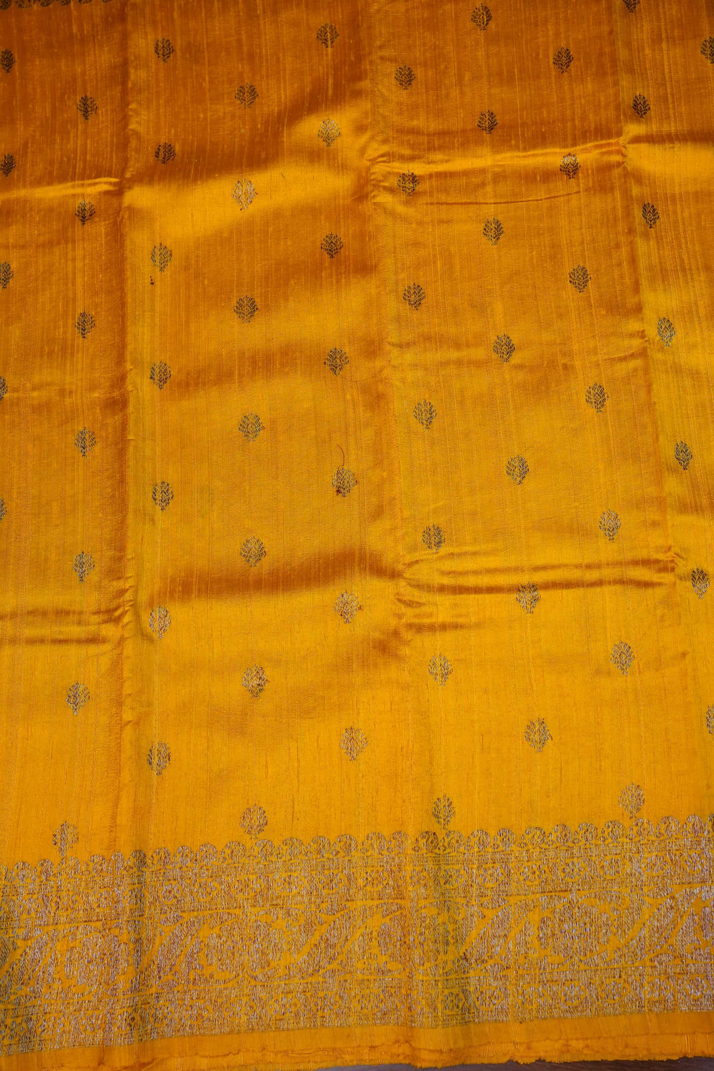 Yellow Pure Tussar Banarasi Raw Silk Saree with Antique Zari Buttas|Silk Mark Certified