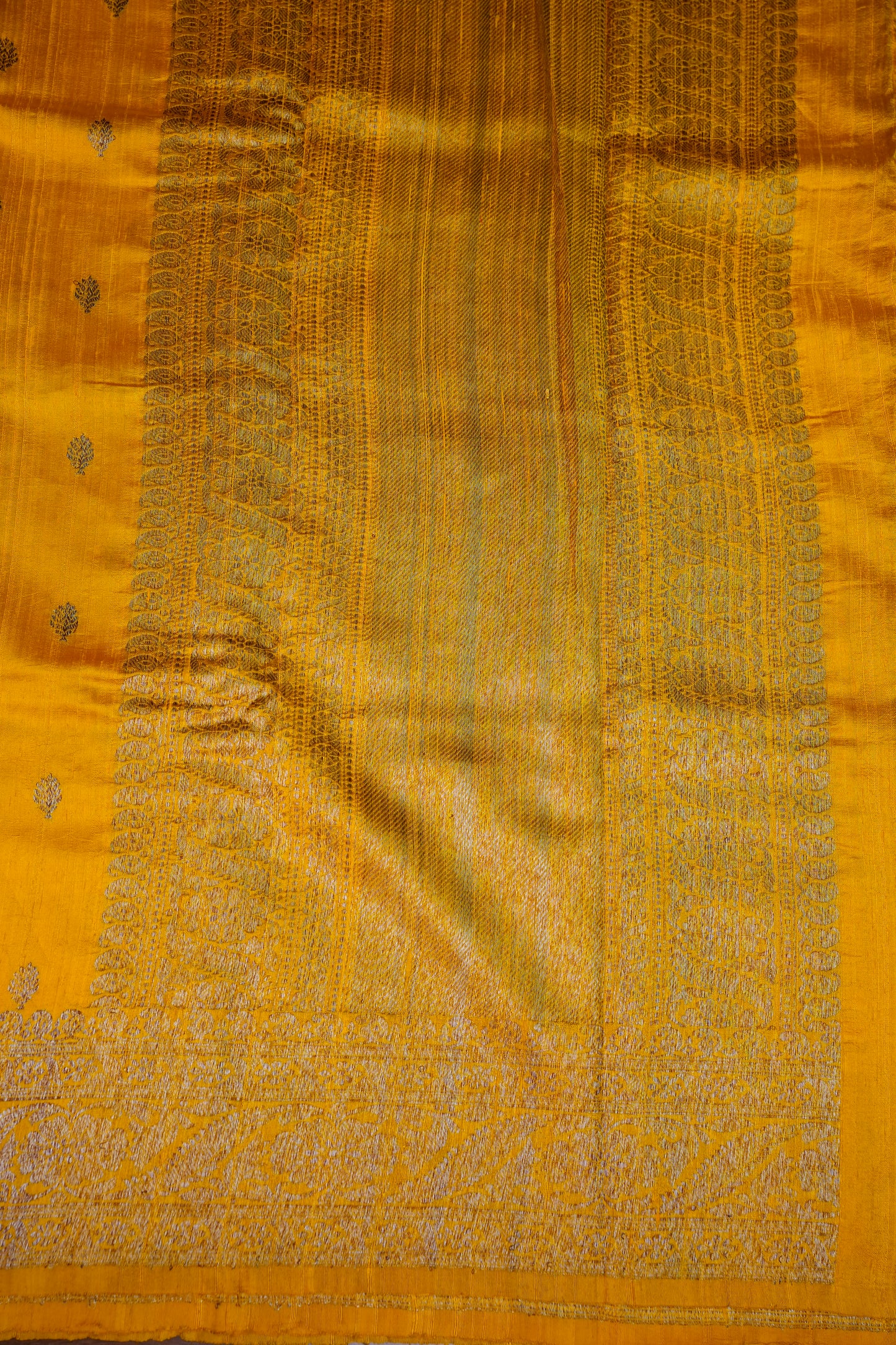 Yellow Pure Tussar Banarasi Raw Silk Saree with Antique Zari Buttas|Silk Mark Certified