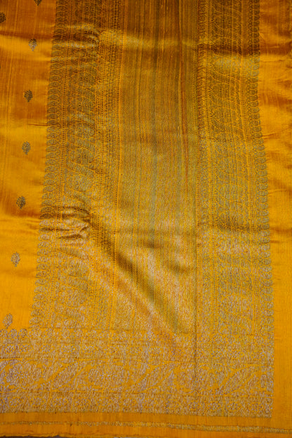 Yellow Pure Tussar Banarasi Raw Silk Saree with Antique Zari Buttas|Silk Mark Certified