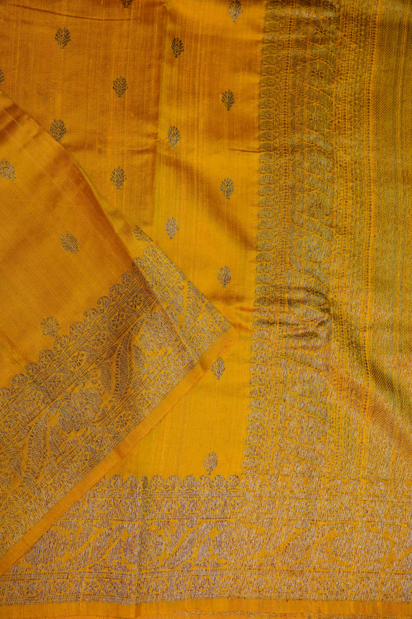 Yellow Pure Tussar Banarasi Raw Silk Saree with Antique Zari Buttas|Silk Mark Certified