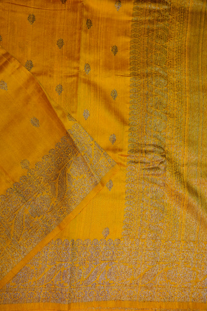 Yellow Pure Tussar Banarasi Raw Silk Saree with Antique Zari Buttas|Silk Mark Certified