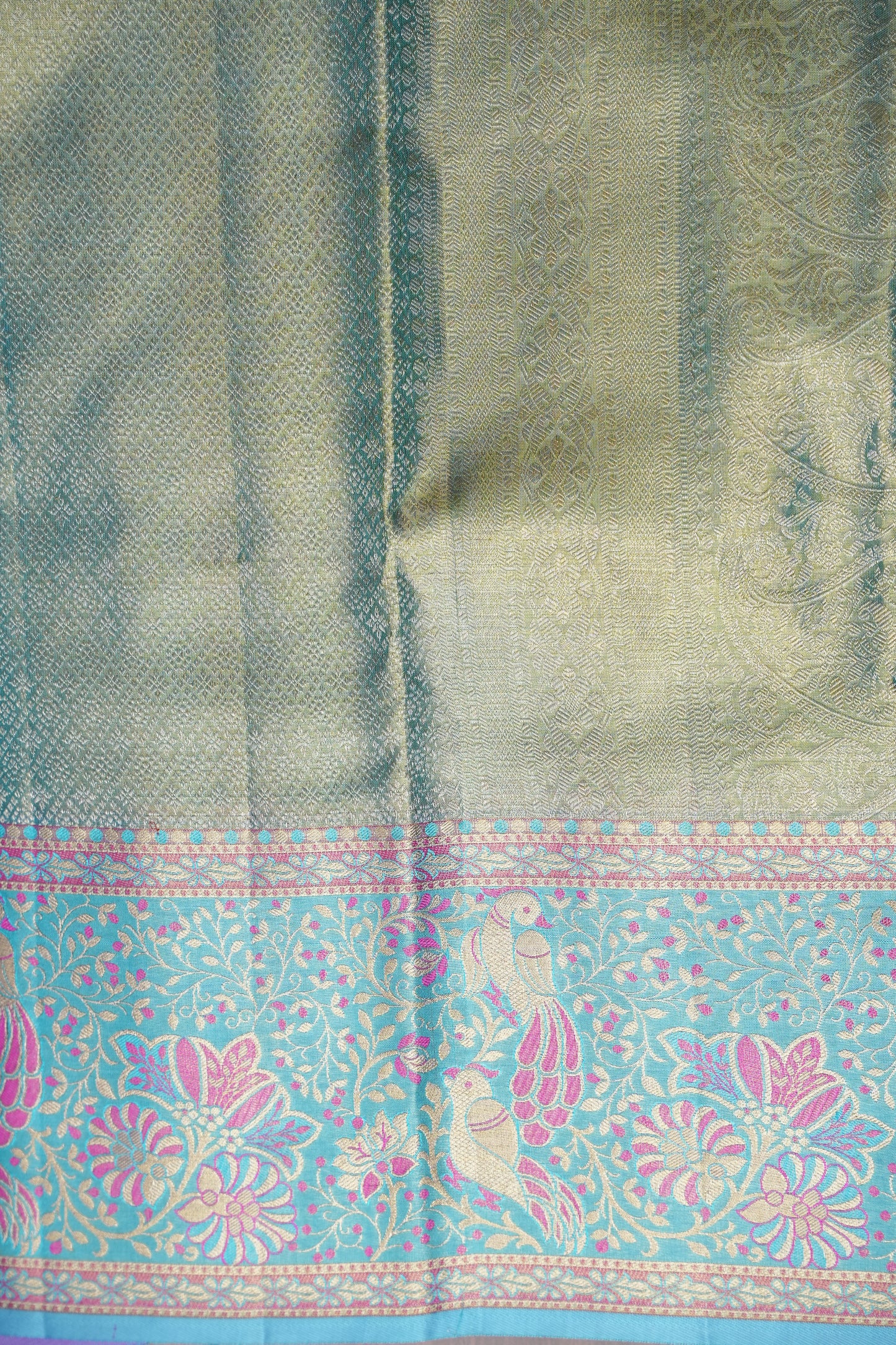 Pinkish Peach & Aqua Blue Pure Tissue Kanchipuram Silk Saree|Silk Mark Certified