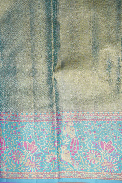 Pinkish Peach & Aqua Blue Pure Tissue Kanchipuram Silk Saree|Silk Mark Certified