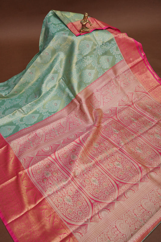 Mint Green Semi Silk Saree with Pink Zari Border