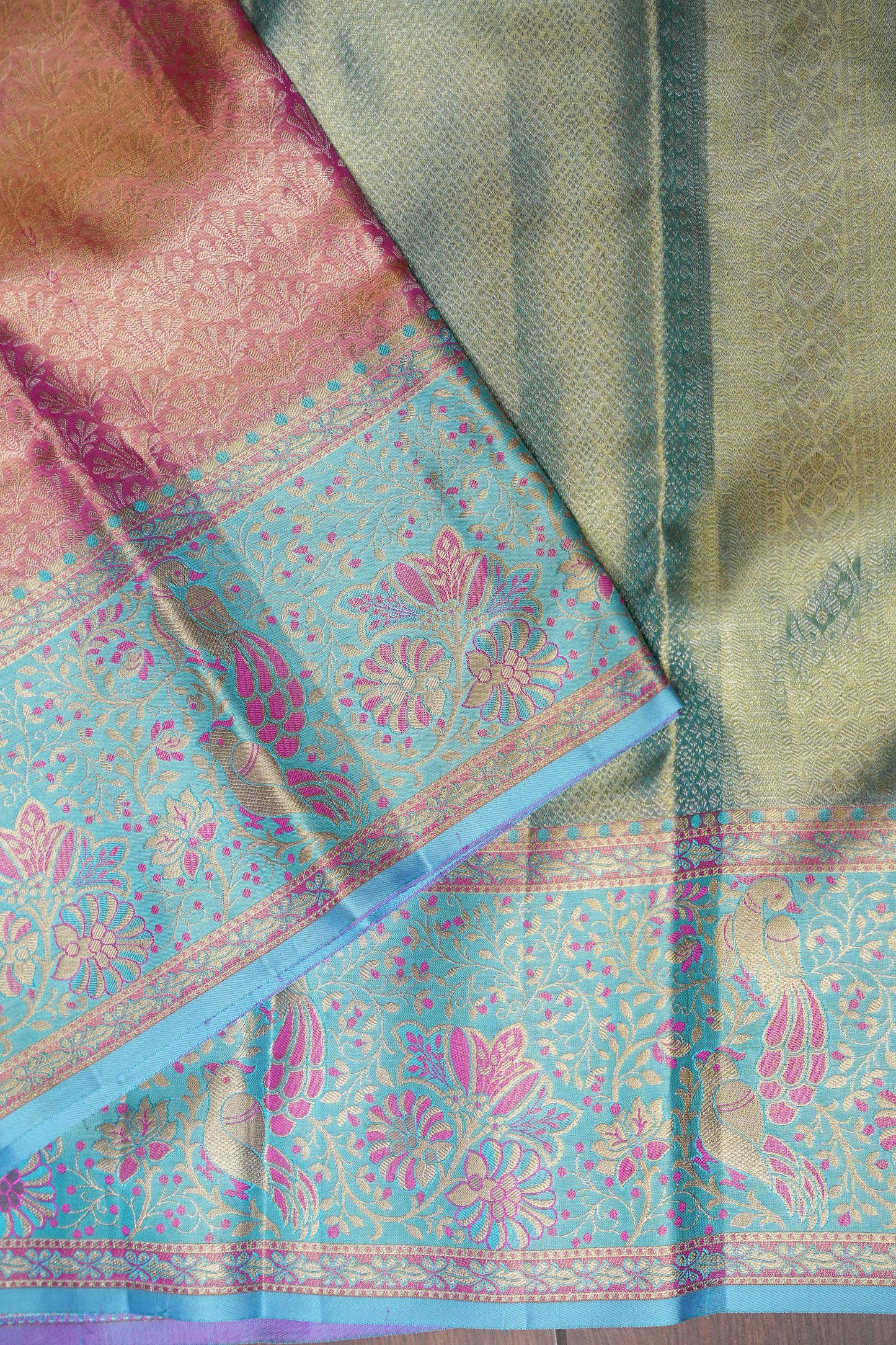 Pinkish Peach & Aqua Blue Pure Tissue Kanchipuram Silk Saree|Silk Mark Certified
