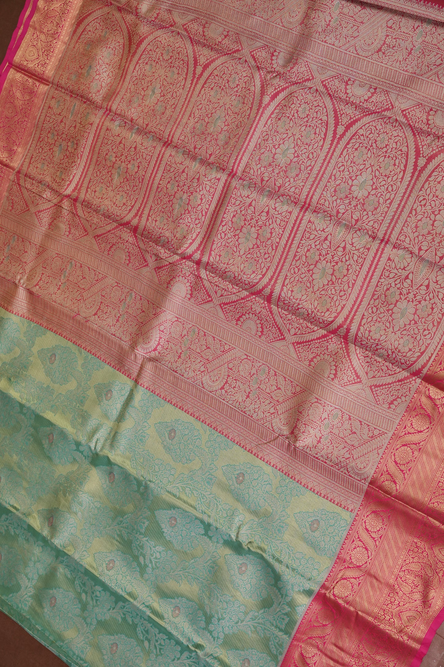 Mint Green Semi Silk Saree with Pink Zari Border