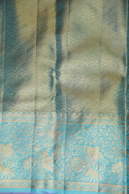 Pinkish Peach & Aqua Blue Pure Tissue Kanchipuram Silk Saree|Silk Mark Certified
