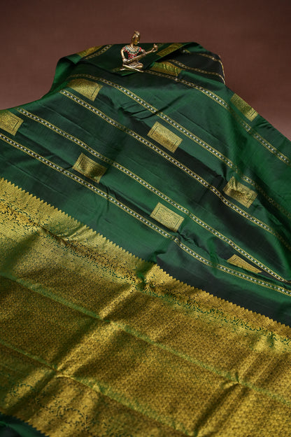 Borderless Bottle Green Pure Kanchipuram Silk Saree|Silk Mark Certified