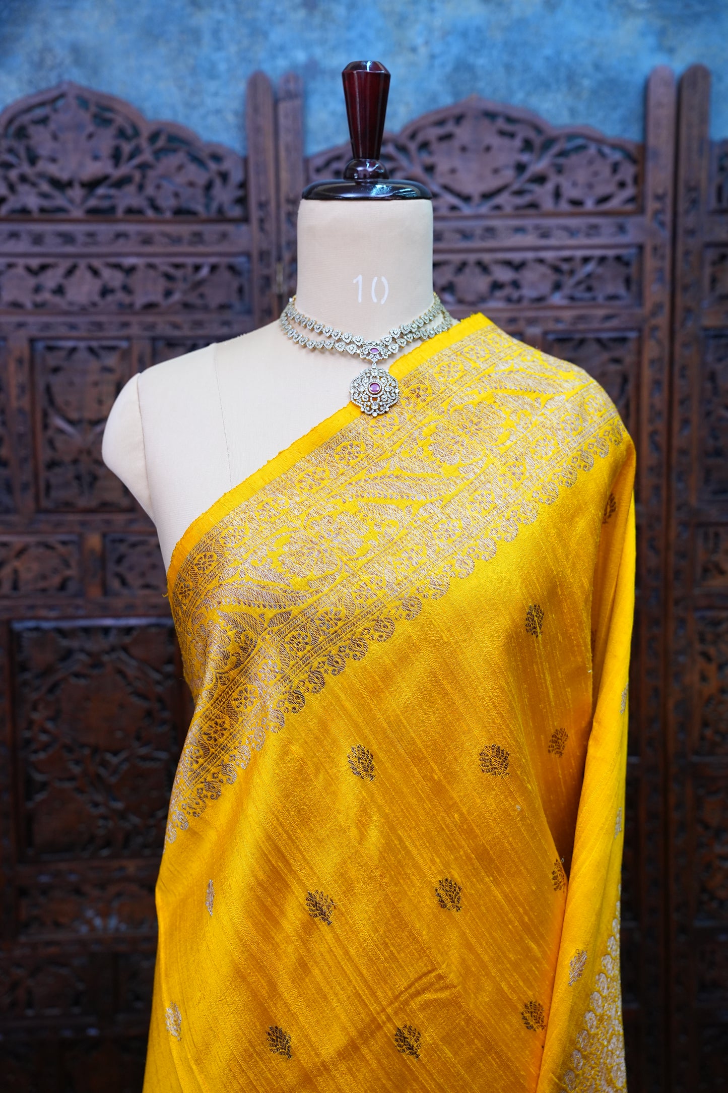 Yellow Pure Tussar Banarasi Raw Silk Saree with Antique Zari Buttas|Silk Mark Certified