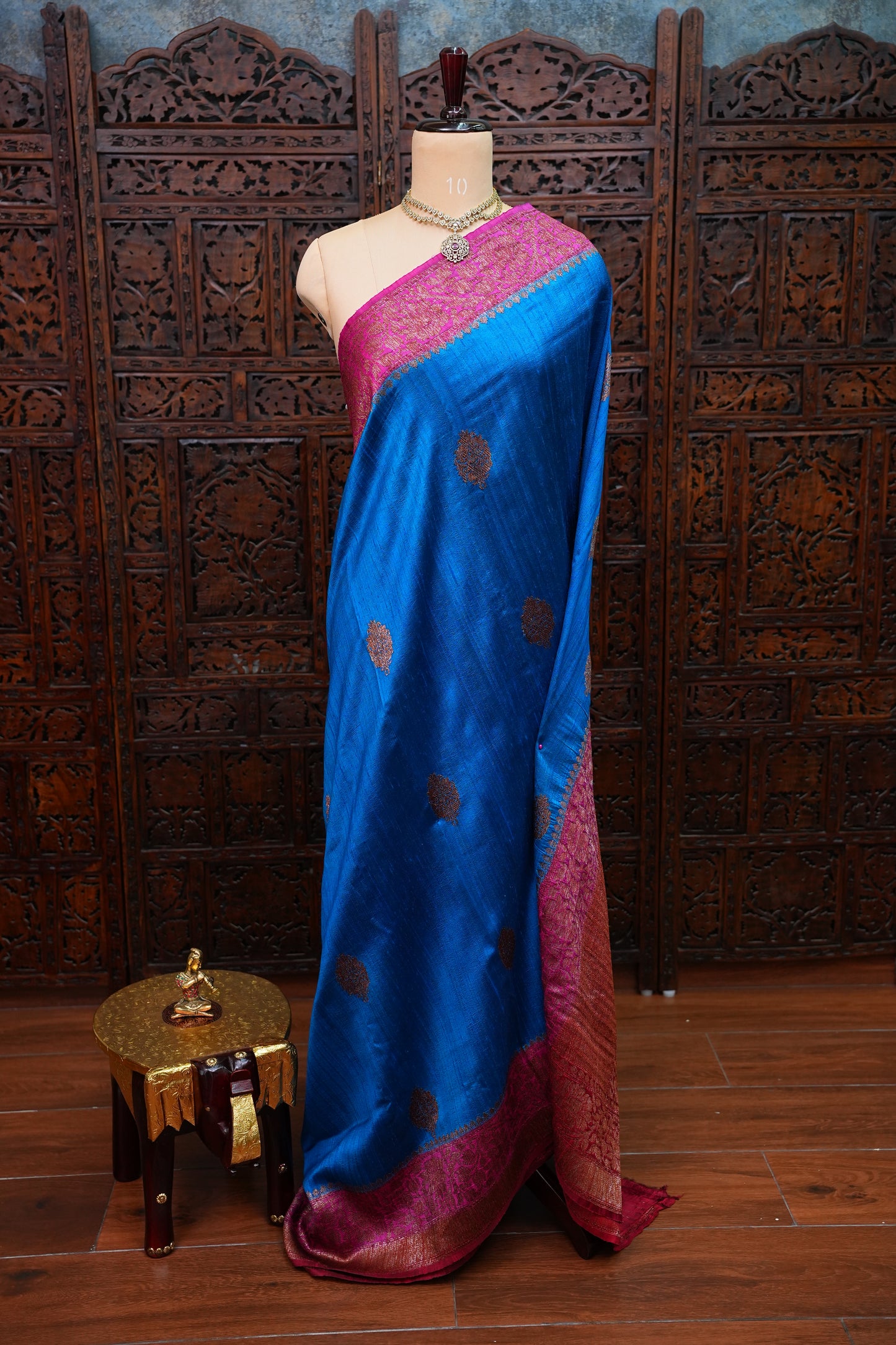 Blue Pure Tussar Banarasi Raw Silk Saree with Pink 3D Contrast Antique Zari Borders|Silk Mark Certified