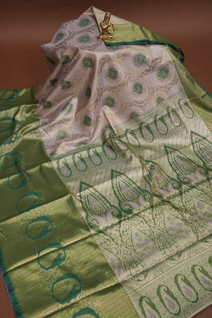 Champagne Gold Semi Silk Saree with Leaf Green Contrast Border & Pallu