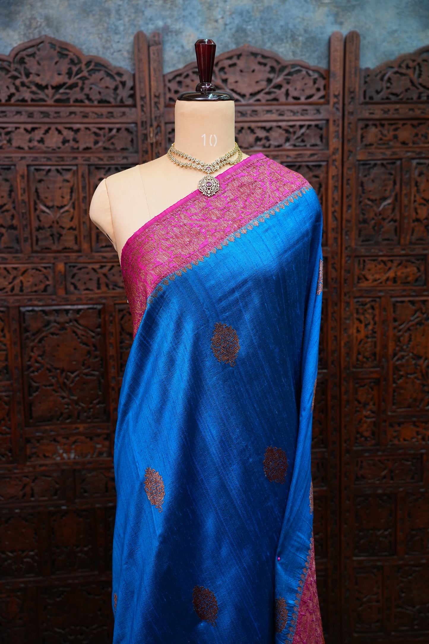 Blue Pure Tussar Banarasi Raw Silk Saree with Pink 3D Contrast Antique Zari Borders|Silk Mark Certified