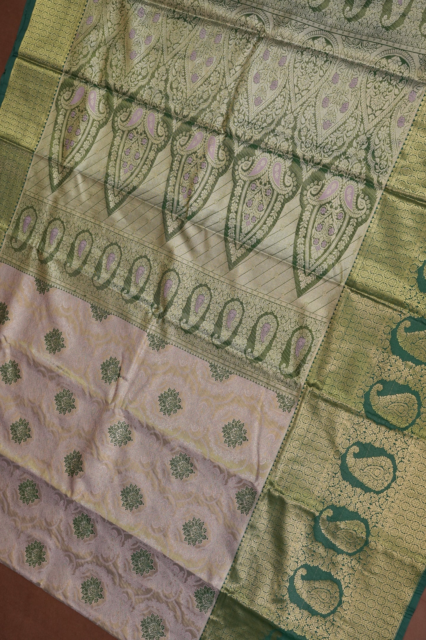 Champagne Gold Semi Silk Saree with Leaf Green Contrast Border & Pallu