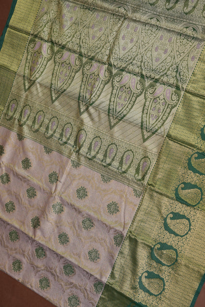 Champagne Gold Semi Silk Saree with Leaf Green Contrast Border & Pallu