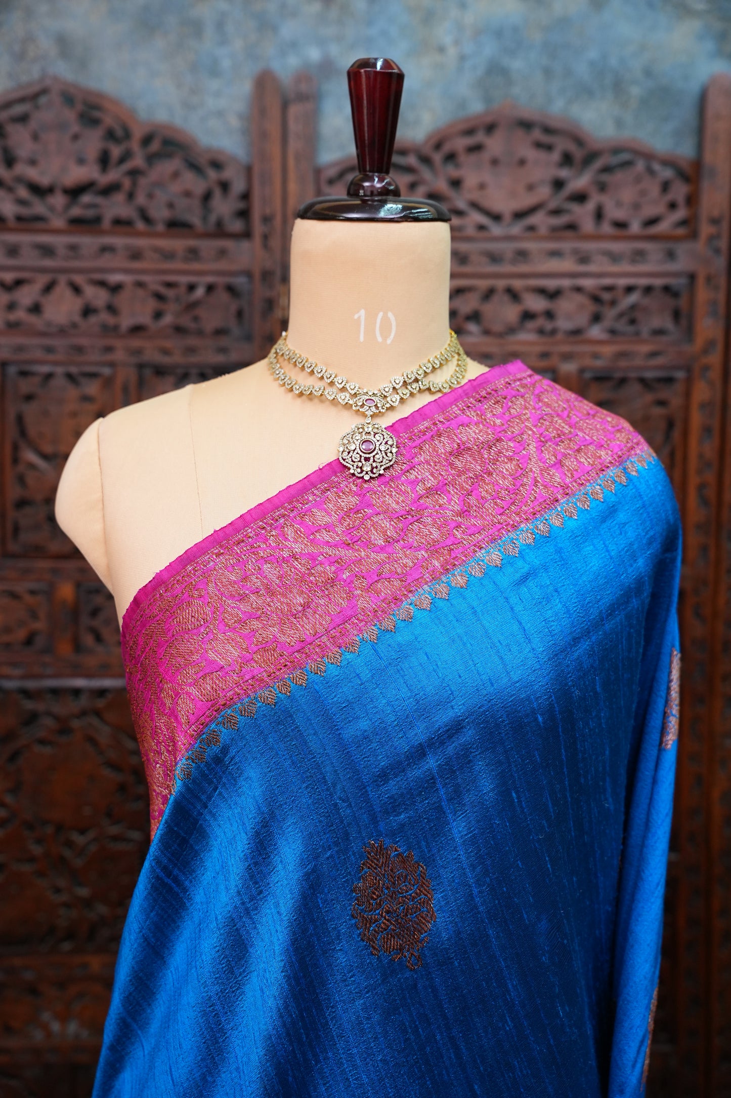 Blue Pure Tussar Banarasi Raw Silk Saree with Pink 3D Contrast Antique Zari Borders|Silk Mark Certified