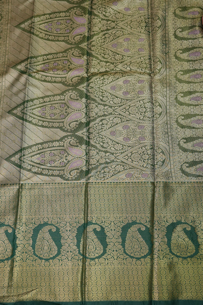 Champagne Gold Semi Silk Saree with Leaf Green Contrast Border & Pallu