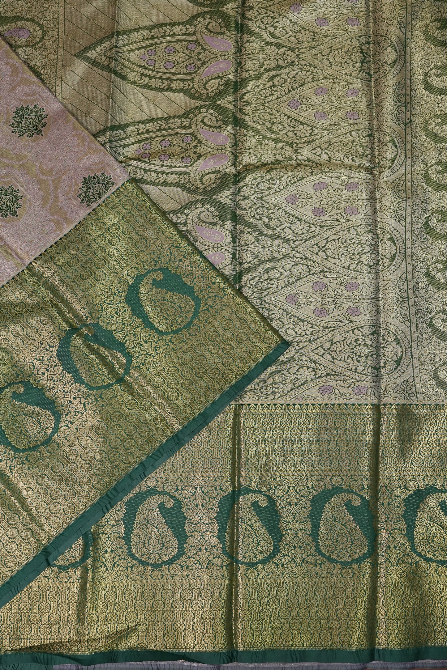 Champagne Gold Semi Silk Saree with Leaf Green Contrast Border & Pallu