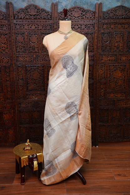 Pure Tussar Silk Saree with Traditional Block Prints – Natural Beige | Silk Mark Certified