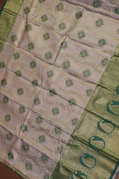 Champagne Gold Semi Silk Saree with Leaf Green Contrast Border & Pallu
