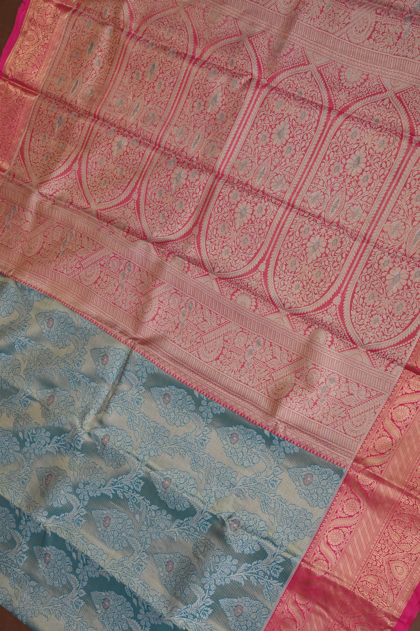 Cool Blue Semi Silk Saree with Vibrant Pink Zari Border