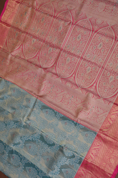 Cool Blue Semi Silk Saree with Vibrant Pink Zari Border