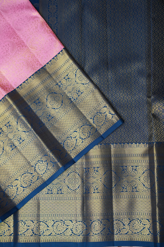 Candy Pink & Peacock Blue Pure Kanchipuram Silk with 2 Gram Gold Zari Weave|Silk Mark Certified