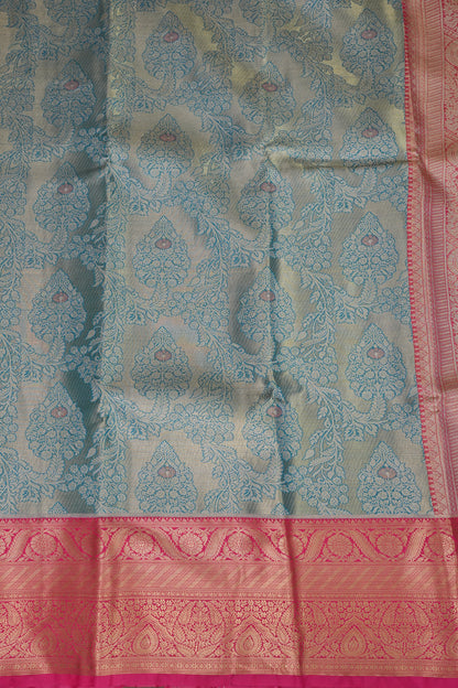 Cool Blue Semi Silk Saree with Vibrant Pink Zari Border