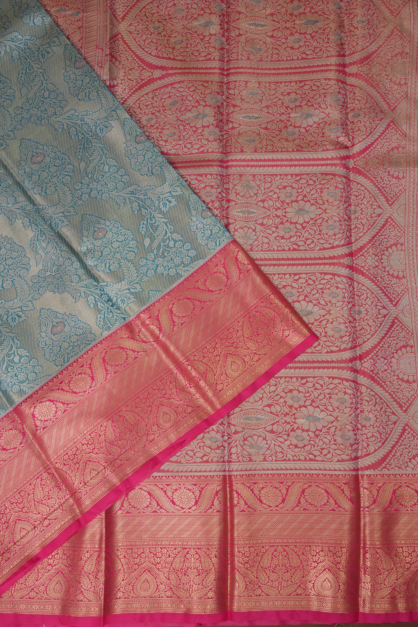 Cool Blue Semi Silk Saree with Vibrant Pink Zari Border