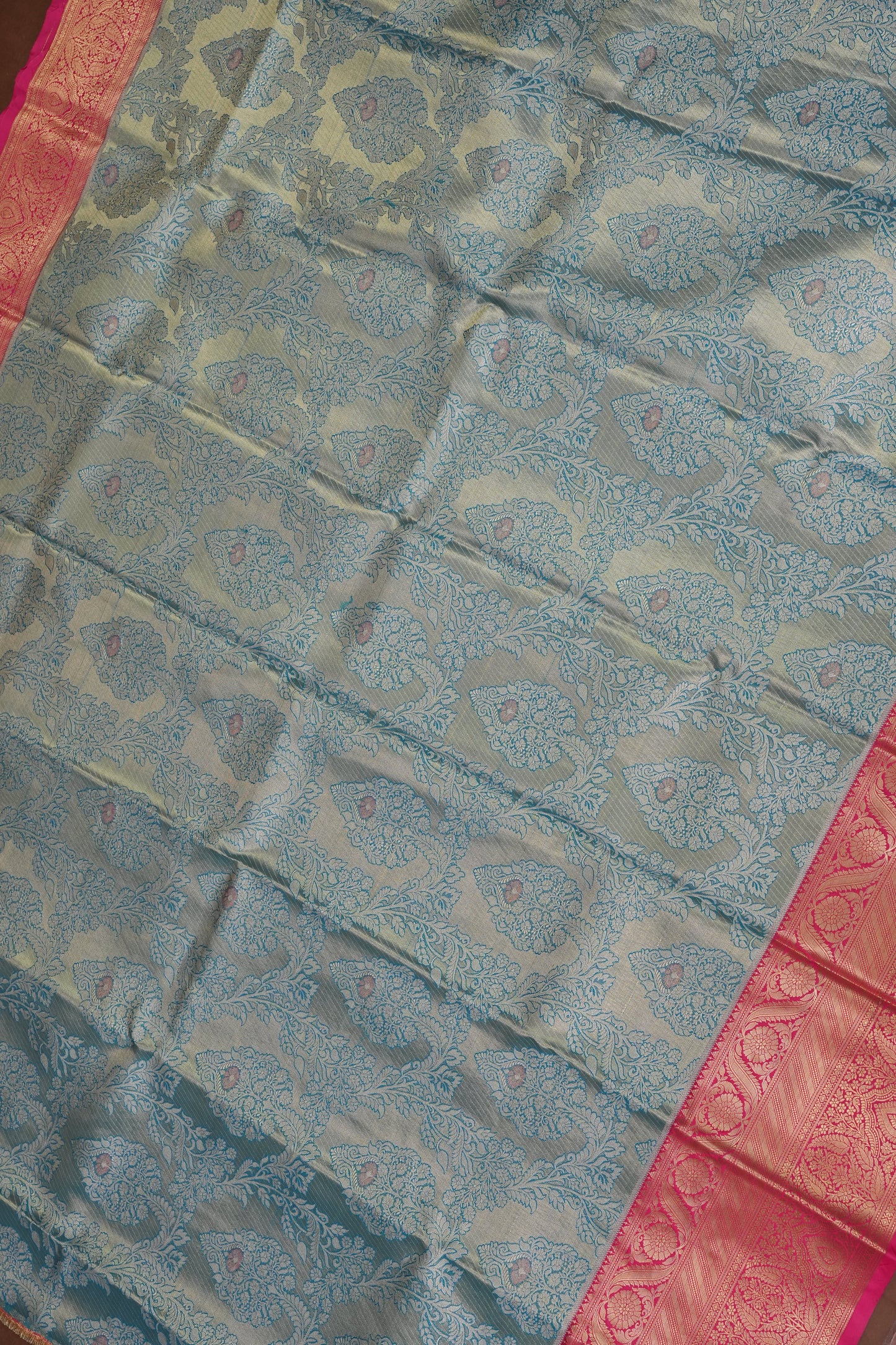 Cool Blue Semi Silk Saree with Vibrant Pink Zari Border